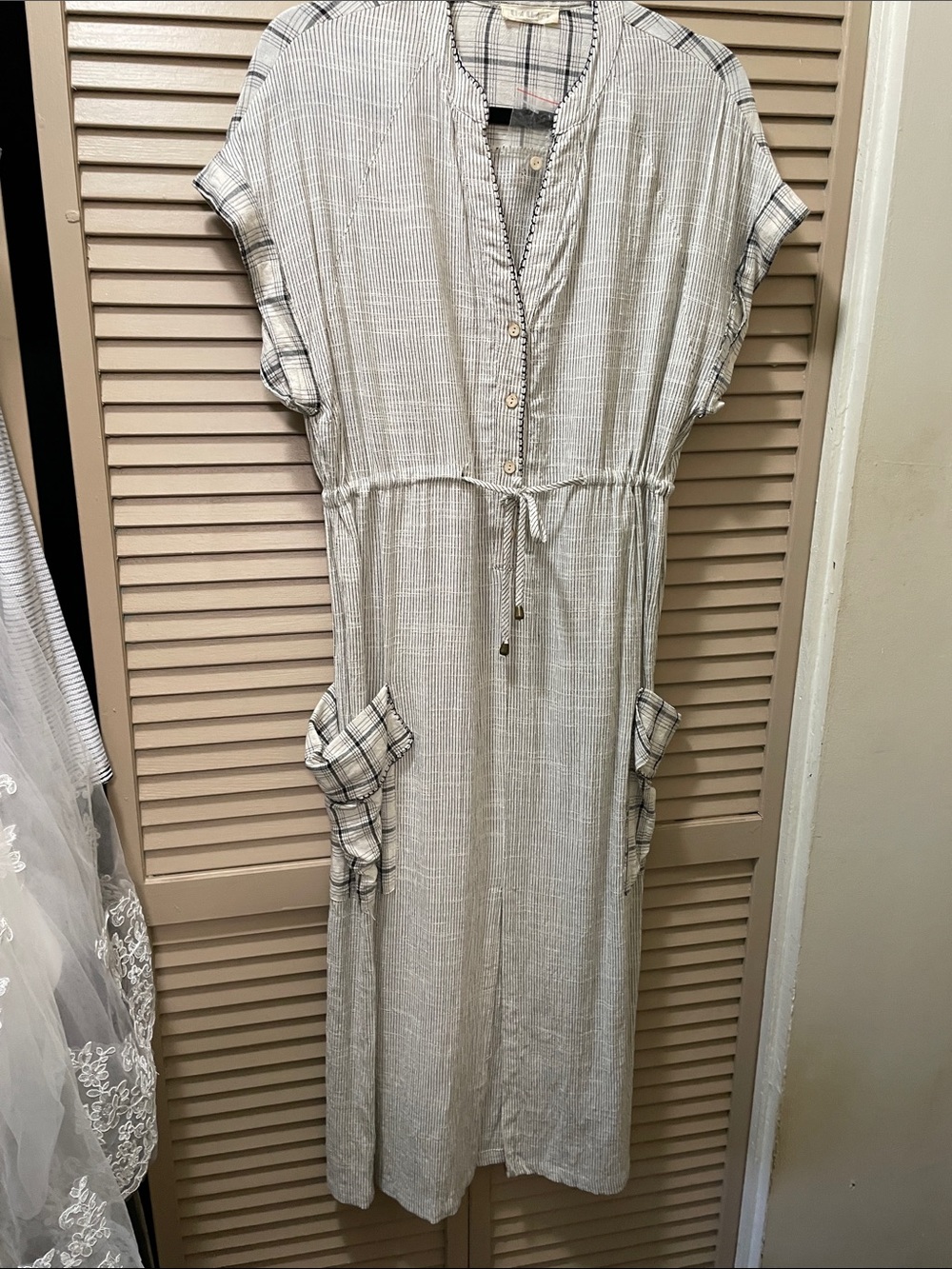ILLA ILLA Cream Striped Drawstring Midi Dress with Plaid Trim